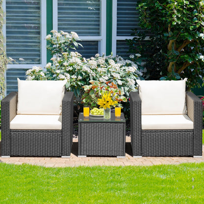 Elegant 3-Piece Outdoor Wicker Patio Conversation Set showcasing comfortable cushions – perfect outdoor wicker conversation set for relaxation.