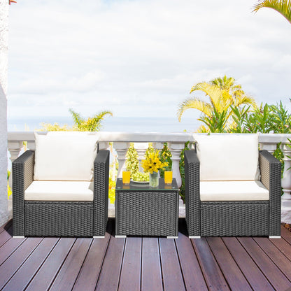 2 single sofas and glass table from the 3-Piece Outdoor Wicker Patio Conversation Set – cozy outdoor wicker conversation set for outdoor gatherings.