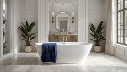 Draped Ultra-Soft High-Absorbency Terry Bath Towel over a stylish towel rack, blending luxury and functionality, classified as high absorbency bath towels.