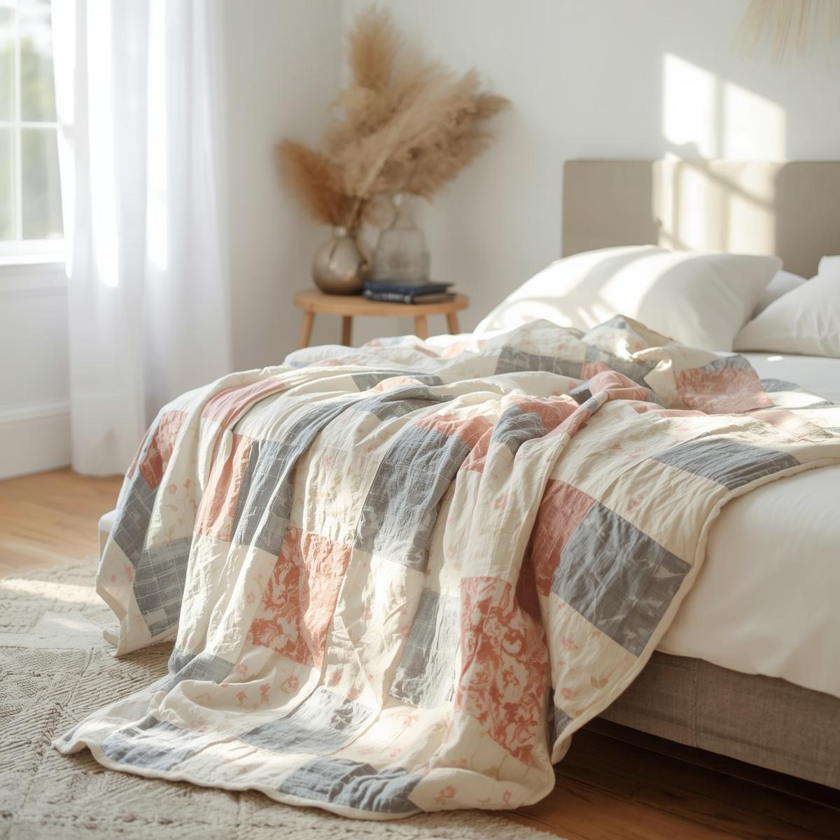 Soft and breathable Muslin Cotton Throw Blanket 60"x80" - Reversible throw blanket with stunning floral patchwork.