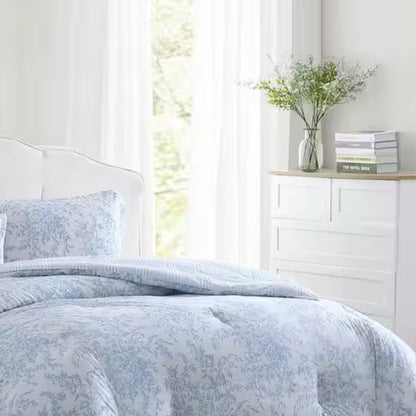 Seasonal display of the Bedford Blue Floral Comforter Set showing off its medium-weight, breathable cotton perfect for all seasons.