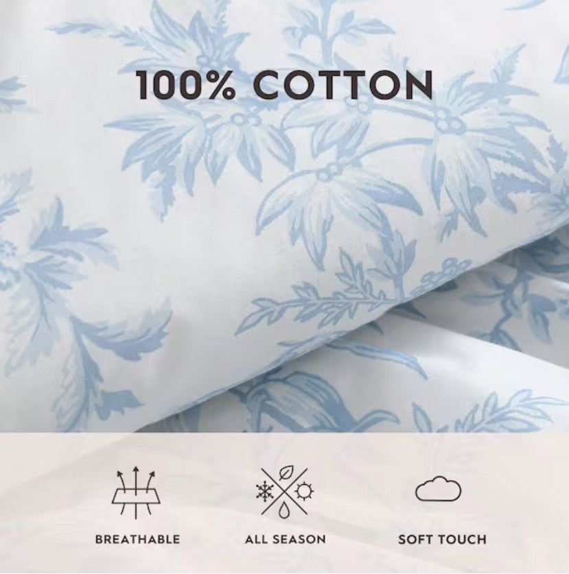 Bedford Blue Floral Comforter Set in a beautifully decorated room, highlighting its timeless aesthetic and charm.