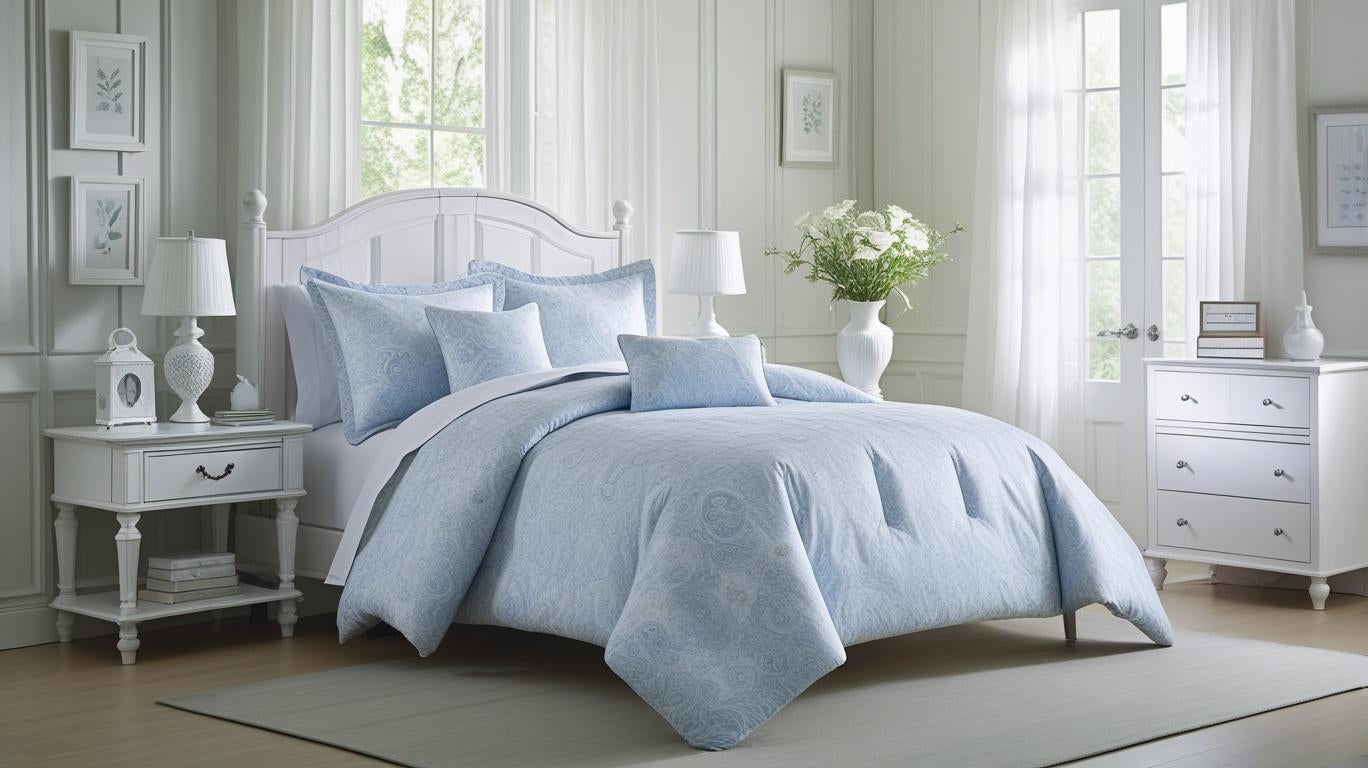 Flat lay of the Bedford Blue Floral Comforter Set showing both sides—floral pattern and stripes for a reversible bedding option.