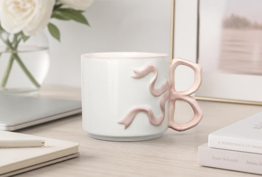 Room Essentials 17.22oz Cream Stoneware Bow Mug with Pink Handle, Microwave & Dishwasher Safe, decorative stoneware coffee mug