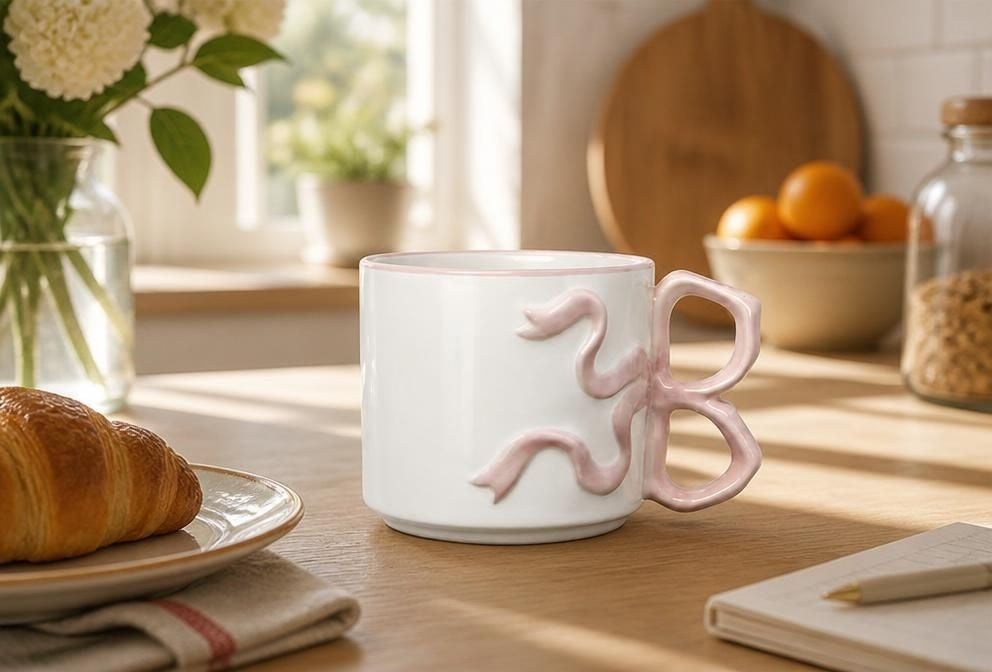 Room Essentials 17.22oz Cream Stoneware Bow Mug with Pink Handle, Microwave & Dishwasher Safe, dishwasher-safe stoneware coffee mug