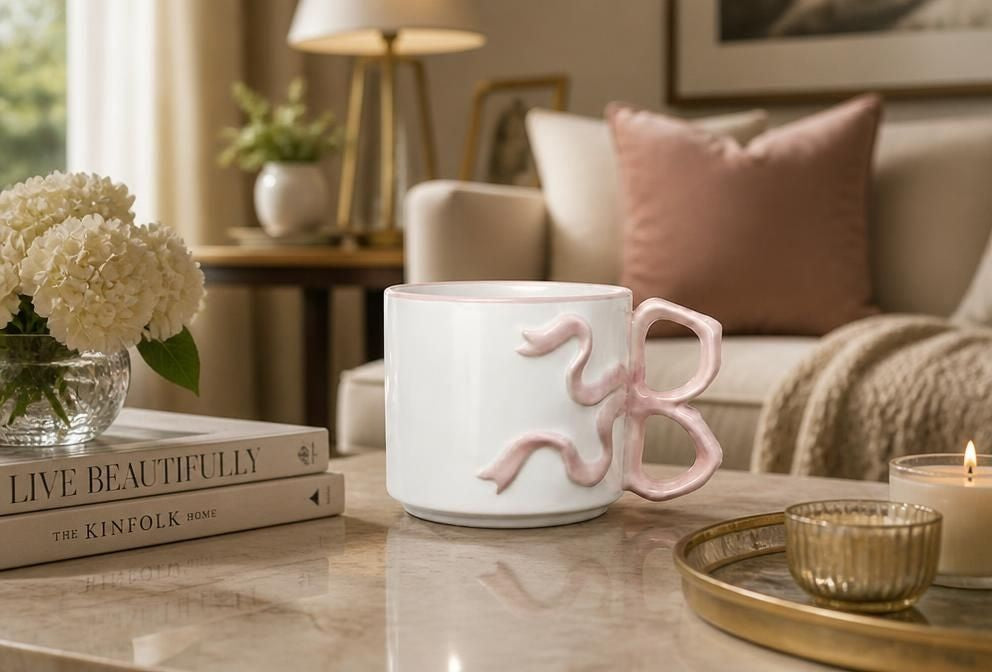 Room Essentials 17.22oz Cream Stoneware Bow Mug with Pink Handle, Microwave & Dishwasher Safe, cream and pink stoneware coffee mug