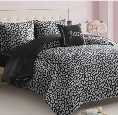 Luxury Black Leopard Satin Comforter Set – 6 or 8-Piece Bedding Ensemble for Glamorous Bedrooms