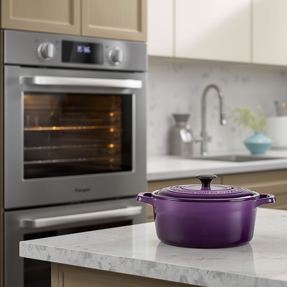 Overhead view of the enameled cast iron dutch oven 6QT, showing off its capacity and classic round design.