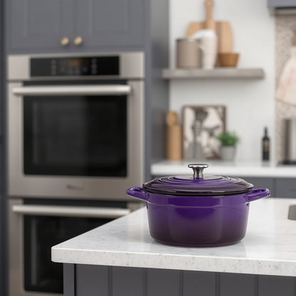 Enameled cast iron dutch oven 6QT with matching lid on a wooden table, perfect for hearty meals and cozy gatherings.