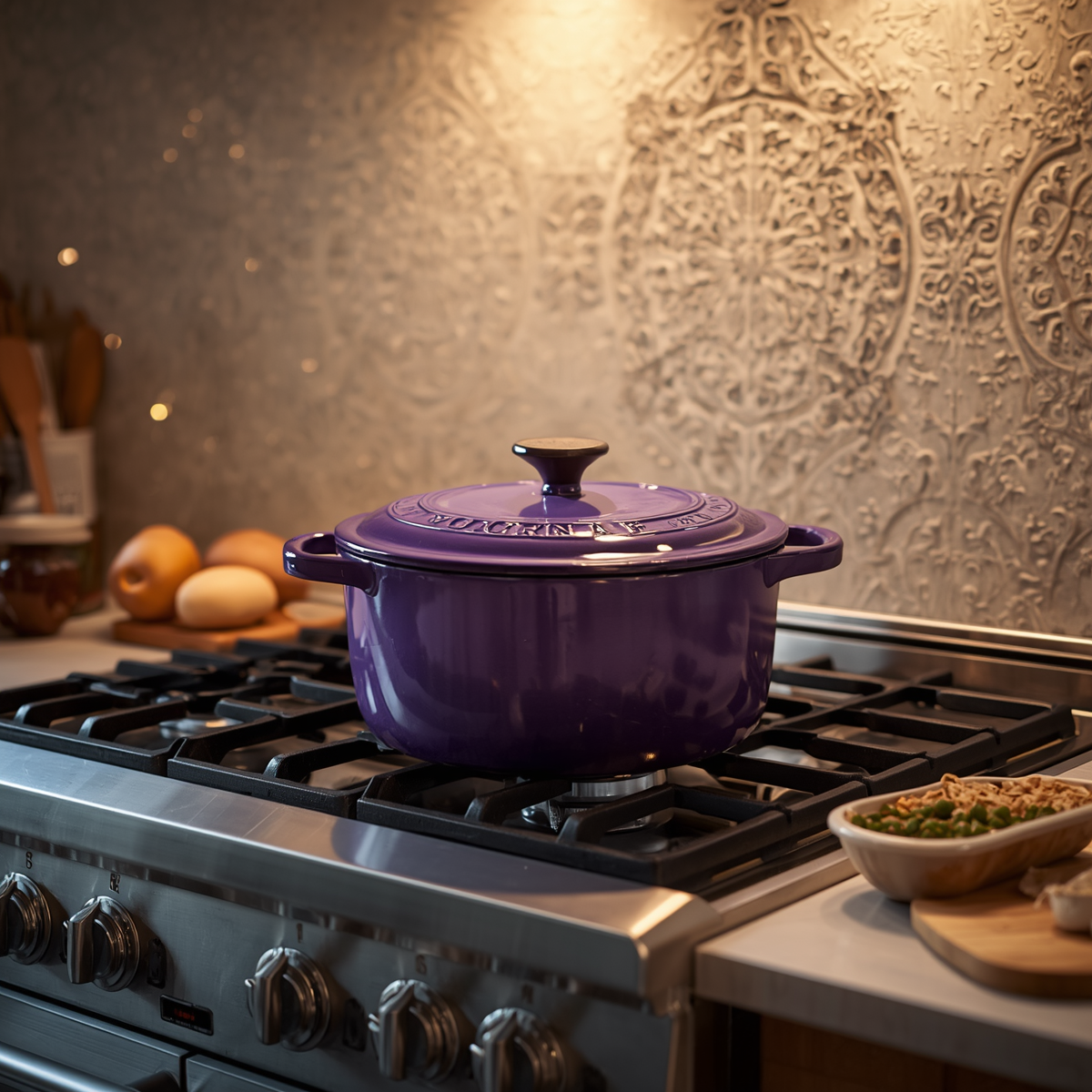 Enameled cast iron dutch oven 6QT being lifted with its looped handles, ideal for chefs who value quality and design.