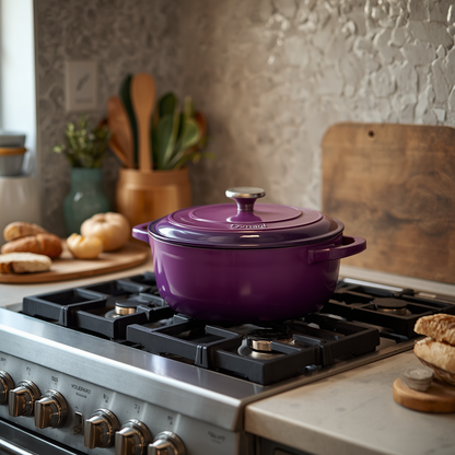 Enameled cast iron dutch oven 6QT with a stylish purple finish, showcasing its ideal features for slow cooking.