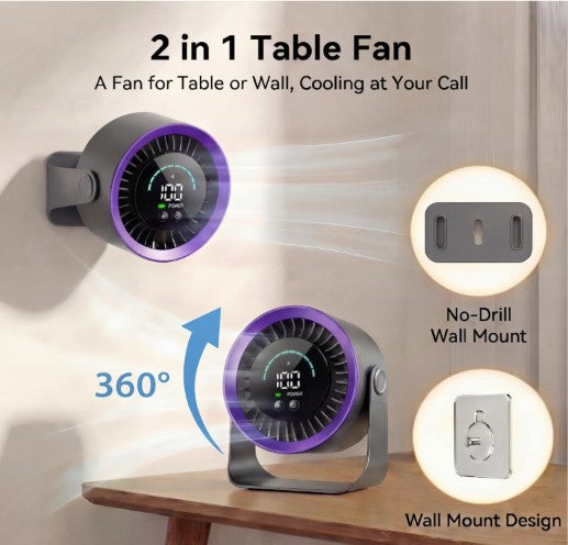 Refluxe Portable USB Desk Fan - 100 Speed Turbo Airflow Quiet Cooling - Purple side angle, portable desk fan with 360-degree adjustment