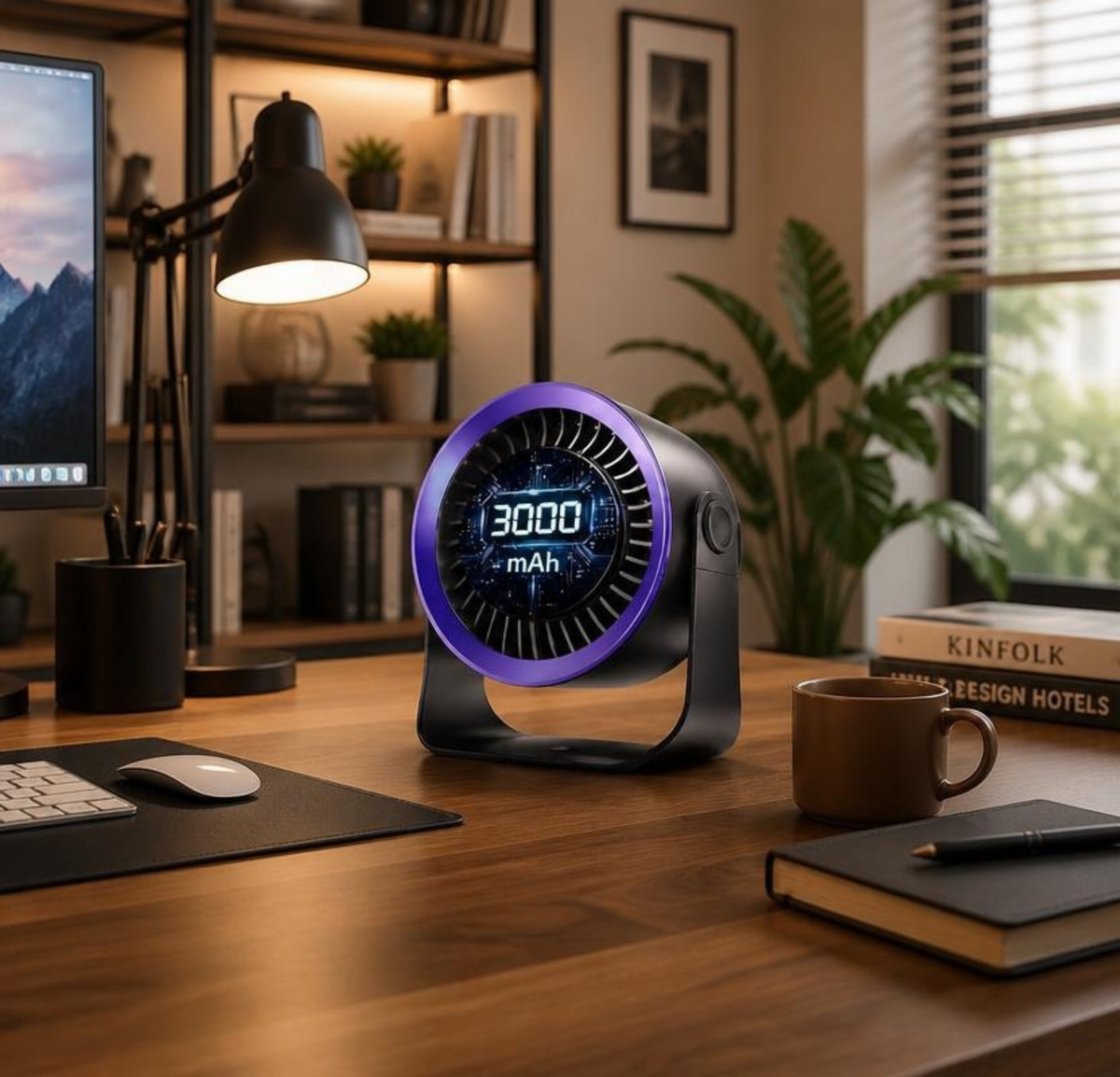 Refluxe Portable USB Desk Fan - 100 Speed Turbo Airflow Quiet Cooling - Purple with wall-mountable base, portable desk fan