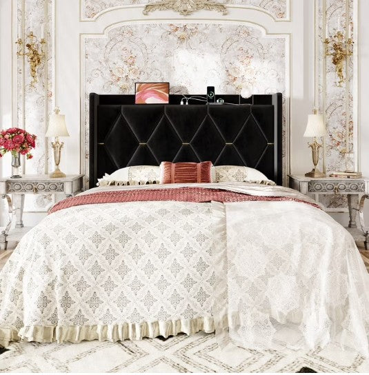 The Luxury Velvet Wingback Bed Frame with gold accents in a chic bedroom decor, reflecting high-end design.