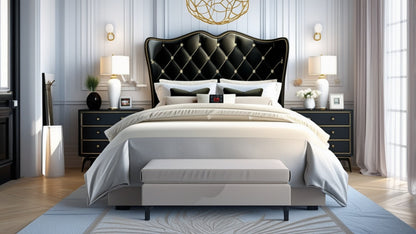 Luxury Velvet Wingback Bed Frame set against muted decor, showcasing its elegant silhouette and luxury features.