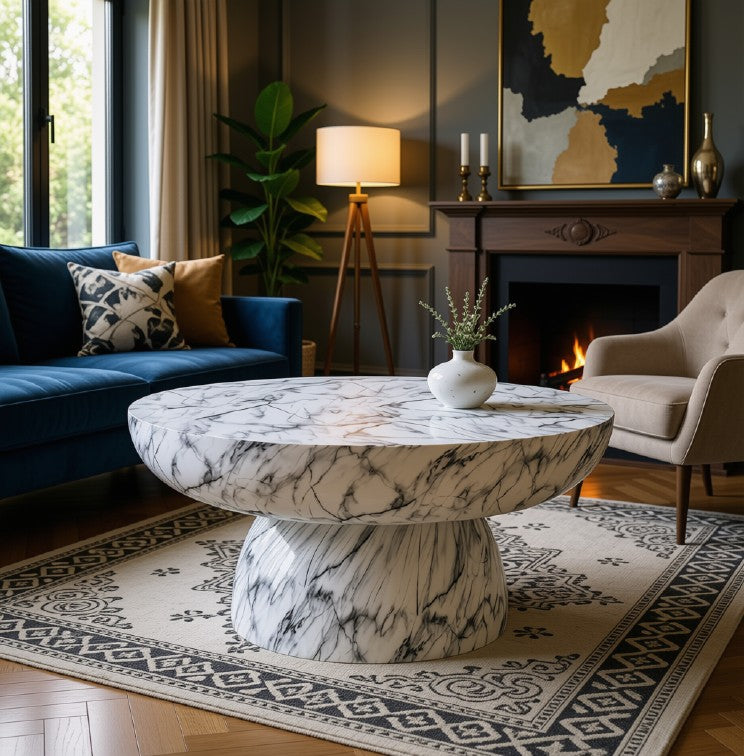 Patsy Luxe Faux Marble Pedestal Coffee Table styled in a garden setting, showing its versatility as an outdoor faux marble table.
