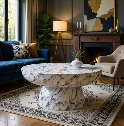 Patsy Luxe Faux Marble Pedestal Coffee Table styled in a garden setting, showing its versatility as an outdoor faux marble table.