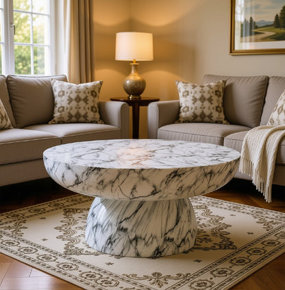 Contemporary styling of the Patsy Luxe Faux Marble Pedestal Coffee Table, combining luxury and functionality in this modern faux marble table design.