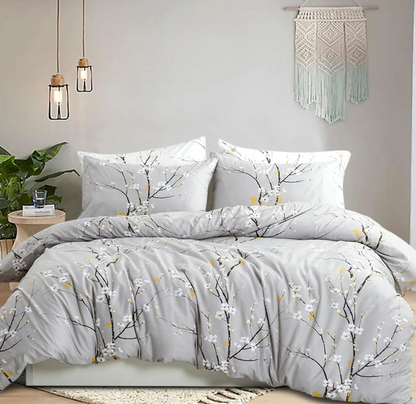 Sage green floral duvet cover set queen displayed in a bright and airy bedroom setting.