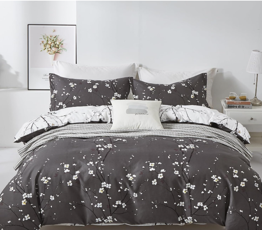 Sage green floral duvet cover set queen featuring soft microfiber with modern botanical design and yellow accents.