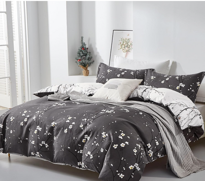 Elegant sage green floral duvet with sunny yellow accents for a fresh and calming bedroom decor.