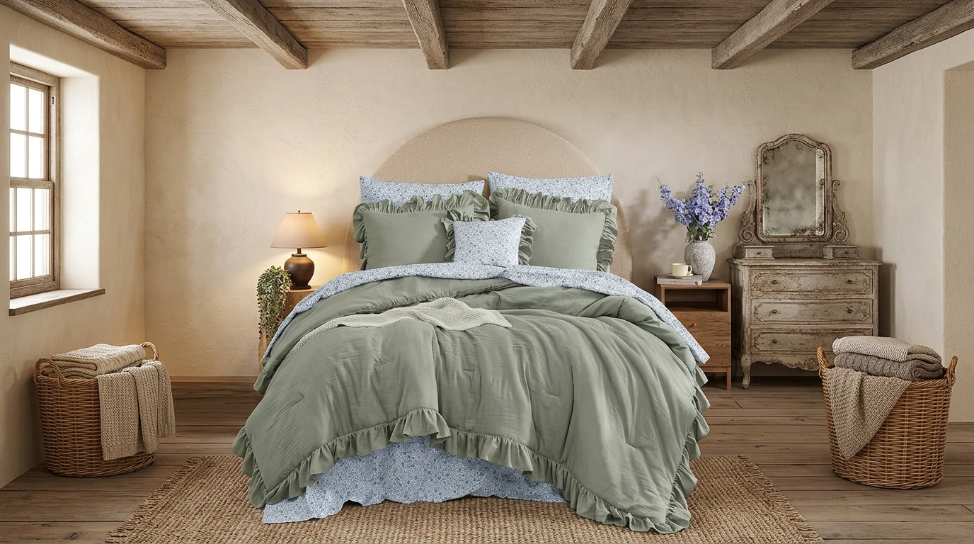 Luxury Sage Green Ruffle Comforter Set – 7-Piece Farmhouse Bedding with Sheets, Soft Elegant All-Season Bed Set