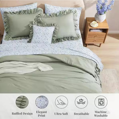 Luxury Sage Green Ruffle Comforter Set – 7-Piece Farmhouse Bedding with Sheets, Soft Elegant All-Season Bed Set