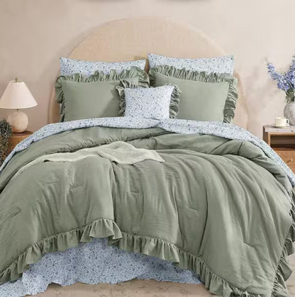 Luxury Sage Green Ruffle Comforter Set – 7-Piece Farmhouse Bedding with Sheets, Soft Elegant All-Season Bed Set