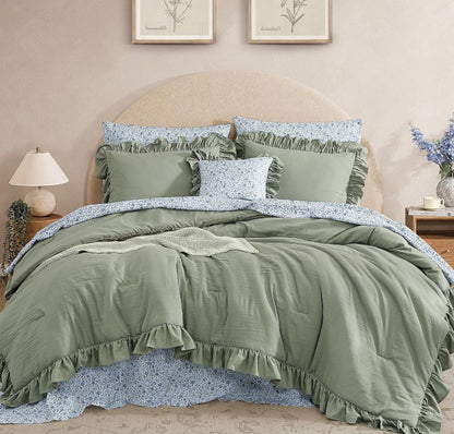 Luxury Sage Green Ruffle Comforter Set – 7-Piece Farmhouse Bedding with Sheets, Soft Elegant All-Season Bed Set