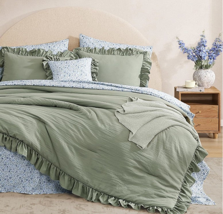 Luxury Sage Green Ruffle Comforter Set – 7-Piece Farmhouse Bedding with Sheets, Soft Elegant All-Season Bed Set