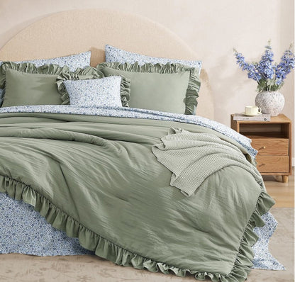 Luxury Sage Green Ruffle Comforter Set – 7-Piece Farmhouse Bedding with Sheets, Soft Elegant All-Season Bed Set