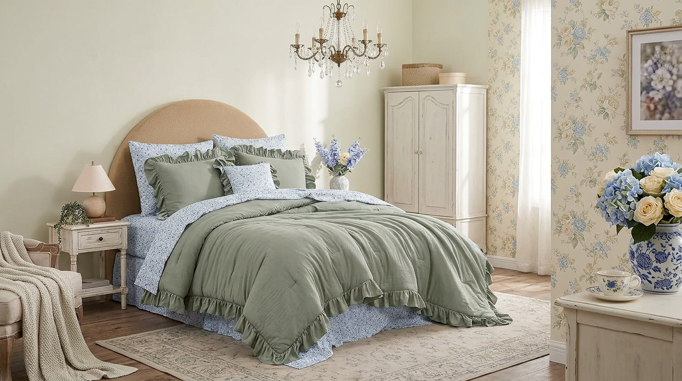 Luxury Sage Green Ruffle Comforter Set – 7-Piece Farmhouse Bedding with Sheets, Soft Elegant All-Season Bed Set