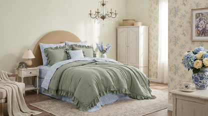 Luxury Sage Green Ruffle Comforter Set – 7-Piece Farmhouse Bedding with Sheets, Soft Elegant All-Season Bed Set
