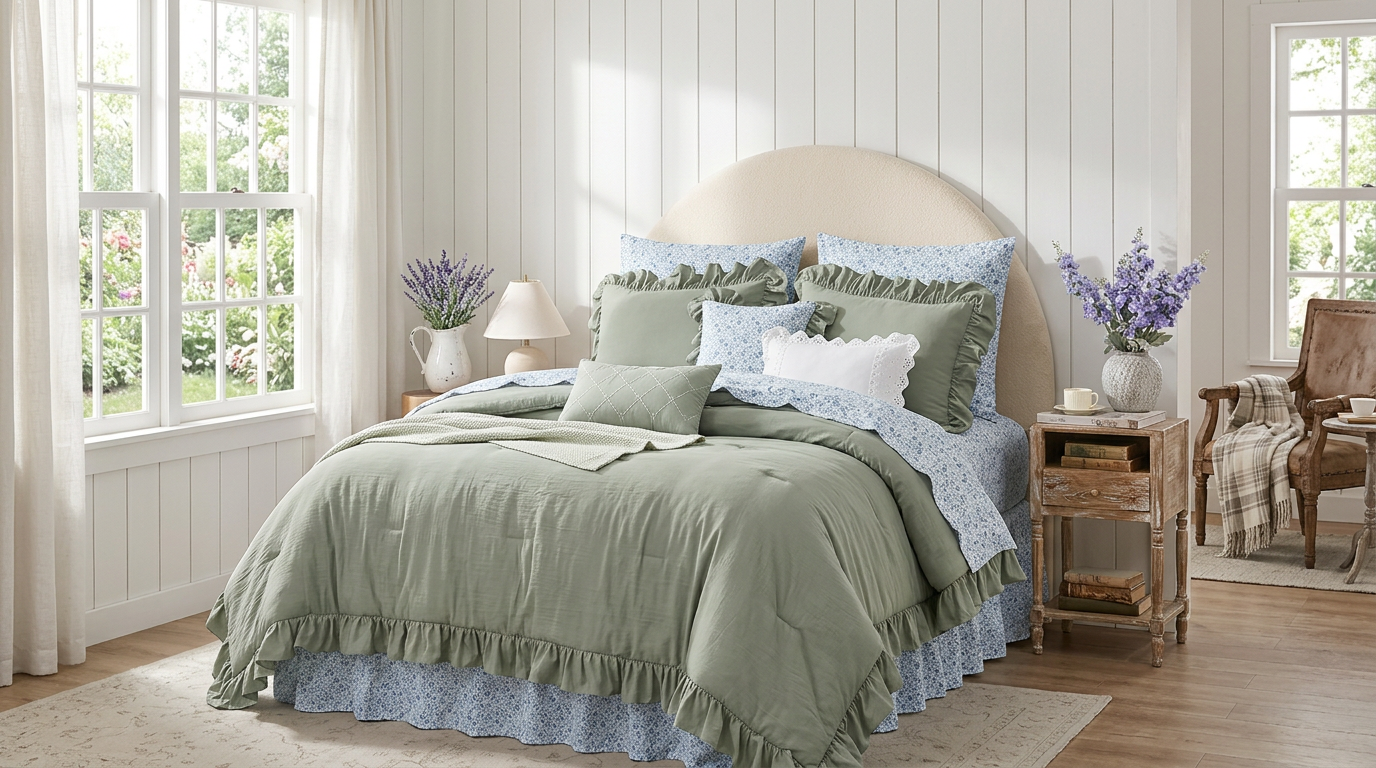Luxury Sage Green Ruffle Comforter Set – 7-Piece Farmhouse Bedding with Sheets, Soft Elegant All-Season Bed Set