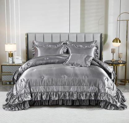 Inspiring bedroom decor with the Grey Satin Comforter Set, showcasing how it enhances elegance and luxury in any space.