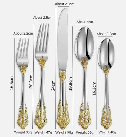 Close-up detail of the polished edges of the Everly Quinn Luxury Gold Accent Flatware Set, highlighting the comfortable and refined dining experience it offers.