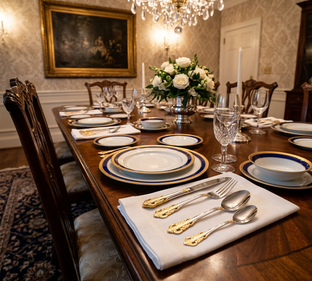 Stylish use of the Everly Quinn Luxury Gold Accent Flatware Set in a cozy dinner setting, ideal for enhancing everyday meals.