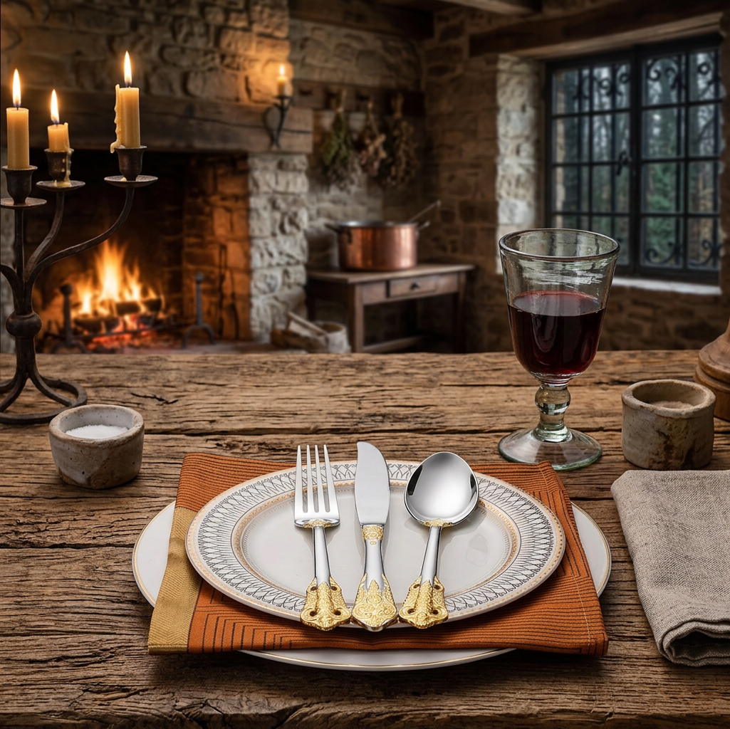 Glamorous display of the Everly Quinn Luxury Gold Accent Flatware Set styled with floral arrangements, perfect for sophisticated dining occasions.