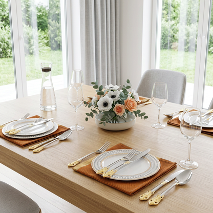 Detailed shot of the Everly Quinn Luxury Gold Accent Flatware Set showcasing the craftsmanship and luxury of this flatware set.