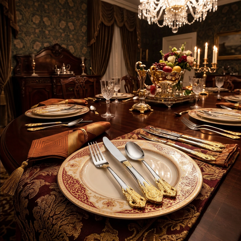 Elegant Everly Quinn Luxury Gold Accent Flatware Set highlighting its gold accents against a simple table runner, perfect for various table settings.