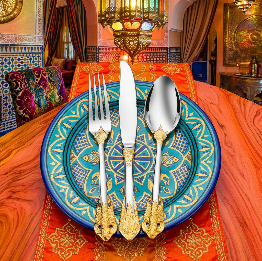 Everly Quinn Luxury Gold Accent Flatware Set presented in a stylish dinner setting, showcasing the charm and elegance of this luxury flatware set.