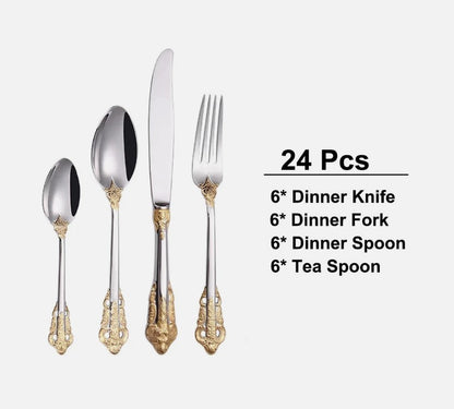 Beautifully arranged Everly Quinn Luxury Gold Accent Flatware Set demonstrating its suitability for a luxury dining experience.