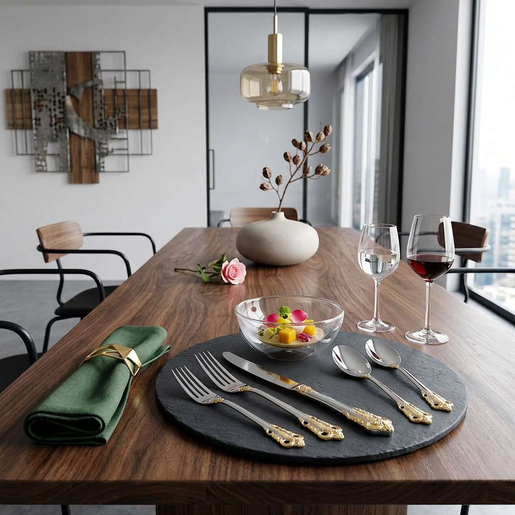A sophisticated table setting featuring the Everly Quinn Luxury Gold Accent Flatware Set, exemplifying modern luxury in dining.