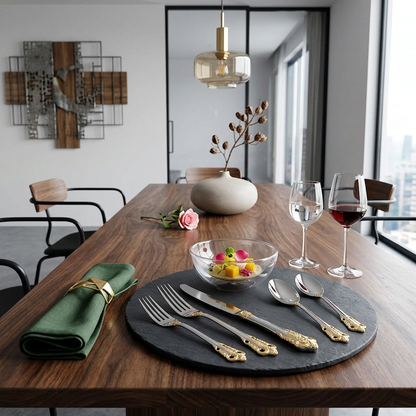 A sophisticated table setting featuring the Everly Quinn Luxury Gold Accent Flatware Set, exemplifying modern luxury in dining.