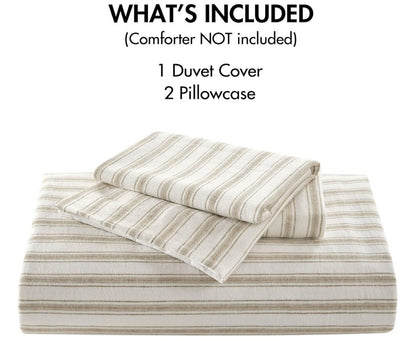 Elegant setting of the Luxury Linen Blend Striped Duvet Cover Set surrounded by neutral decor items, enhancing the sophisticated ambiance.