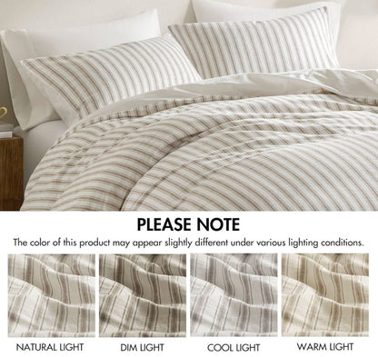 The Luxury Linen Blend Striped Duvet Cover Set styled with accent pillows, showcasing its stylish versatility in various bedroom settings.