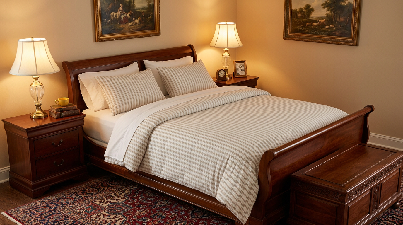 Inviting image of the Luxury Linen Blend Striped Duvet Cover Set paired with layered bedding essentials, creating a cozy yet stylish atmosphere.