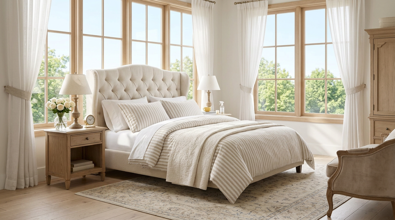Design details of the Luxury Linen Blend Striped Duvet Cover Set, showcasing the soft tones and breathable fabric perfect for year-round comfort.