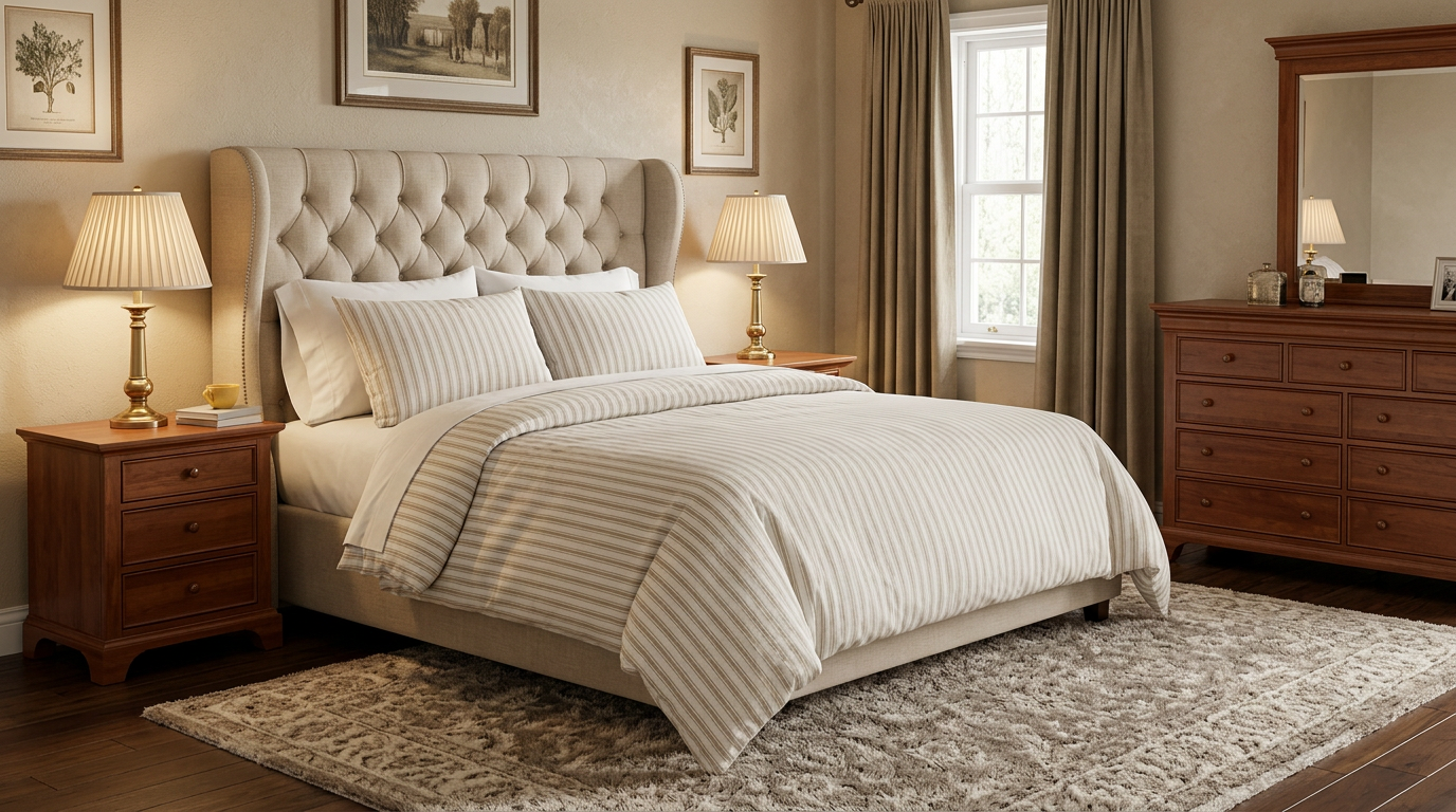 Chic display of the Luxury Linen Blend Striped Duvet Cover Set styled in a modern bedroom, illustrating its cohesive fit in neutral home aesthetics.