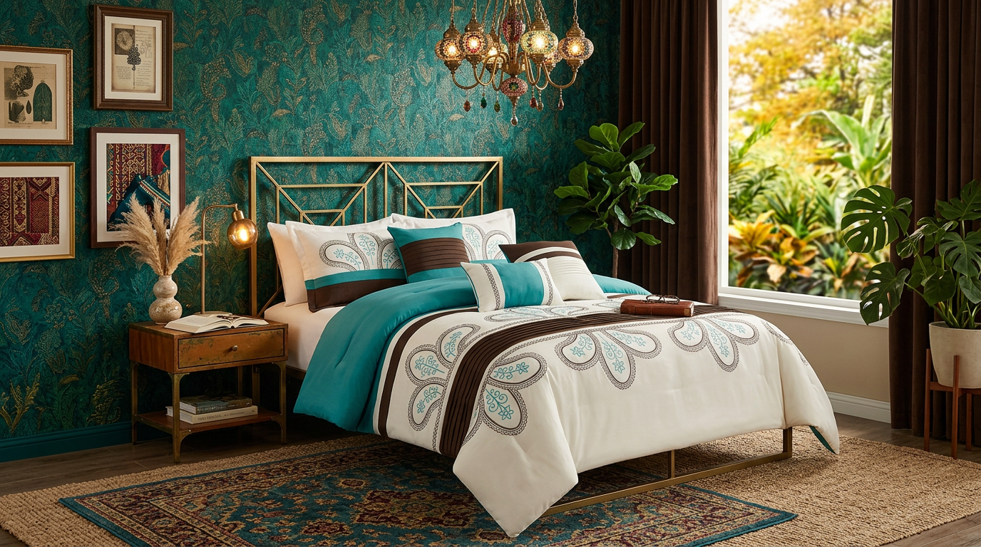 Queen King Comforter Set featuring luxurious deep-pocket fitted sheet that fits up to 16 inch mattresses.